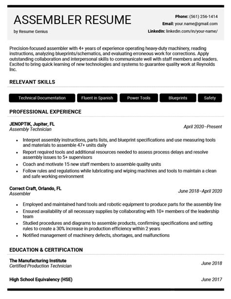 assembly skills for resume|Assembler Resume Samples .